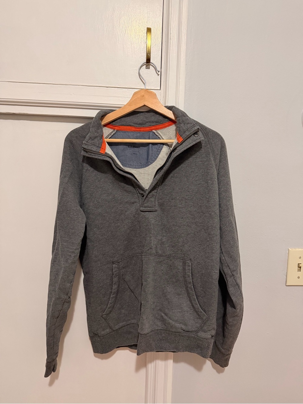 LL Bean Quarter-Zip Pullover Hoodie in Charcoal Gray with Orange Trim